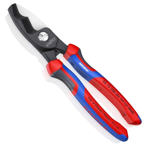 Kìm cắt cáp lưỡi đôi KNIPEX 95 12 200 SB, lưỡi tôi oxit đen, cán bọc nhựa 3 màu