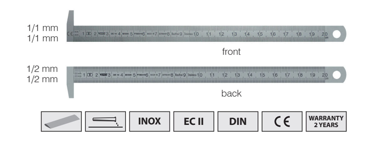 Thước lá inox, có ngàm móc 90 độ, vạch chia đọc từ trái sang phải