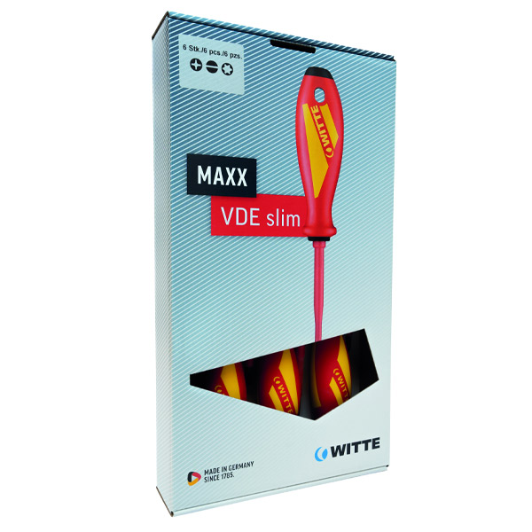 Bộ tua vít cách điện WITTE 653774 gồm 07 cây, vuông, dẹt và bake