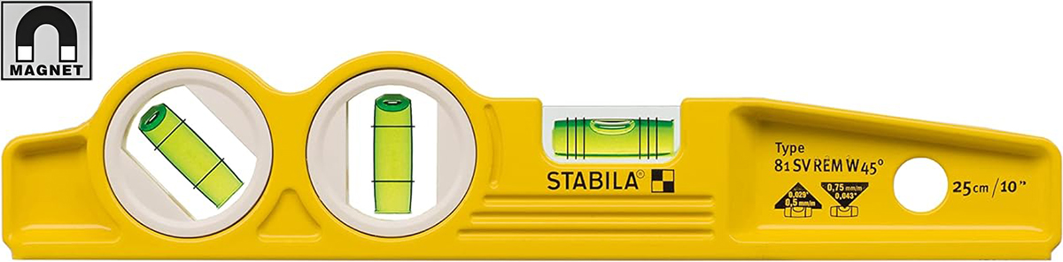 3 bọt thủy với 1 bọt nghiêng gắn cố định. Thước thủy STABILA Type 81 SV REM W45 Torpedo